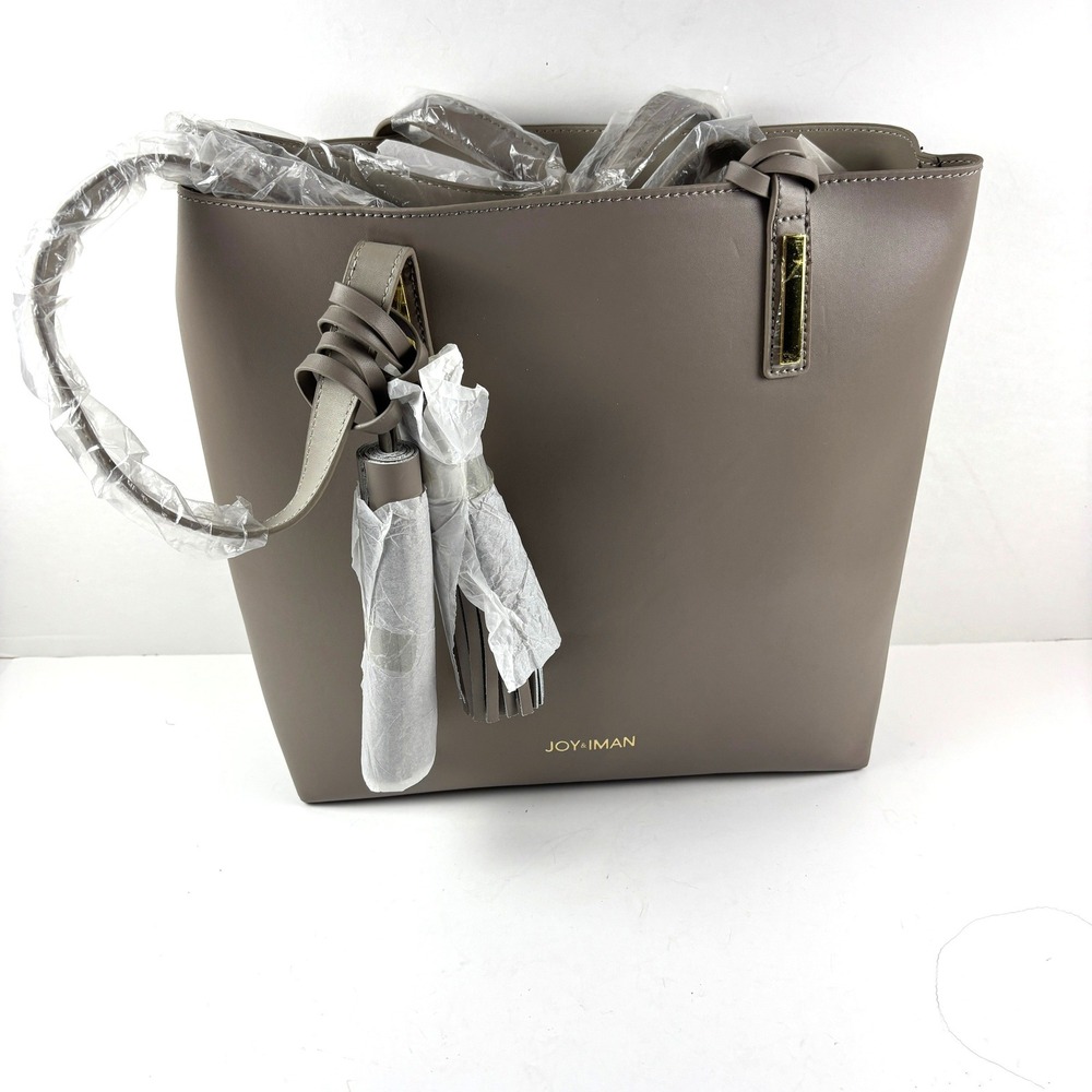 New Joy & Iman Tote Bag Womens Large Taupe Grey Tassel Structured Handbag Pouch‎
